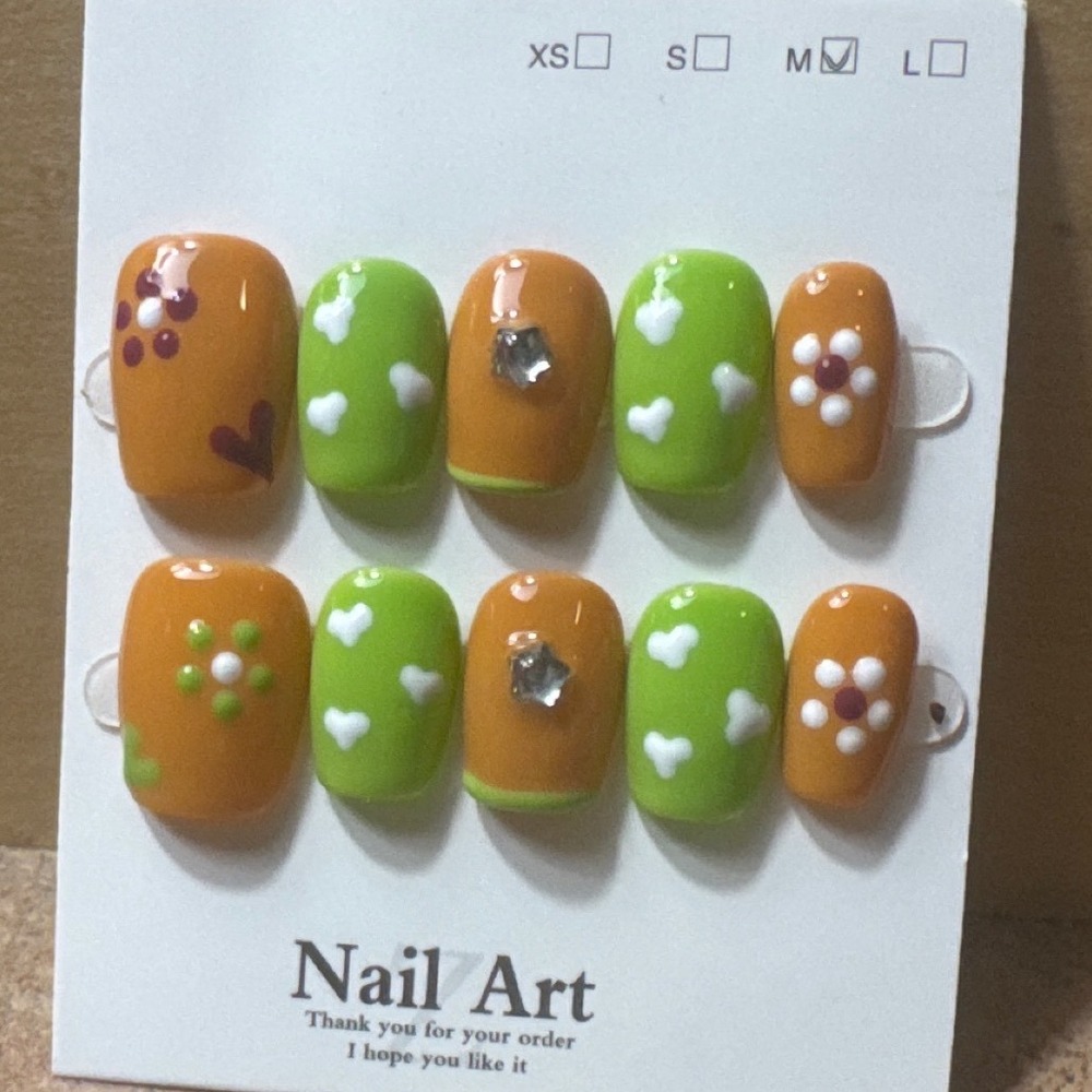 Orange Lime Green‎ Floral Heart Press On Nails Medium Glossy 3D Art 10pc